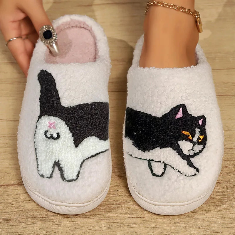 Dachshund Embroidery Print Plush Slippers For Home Warmth Thick Sole Ladies Lamb Wool Slippers Cartoon Cat Couple Cotton Slipper