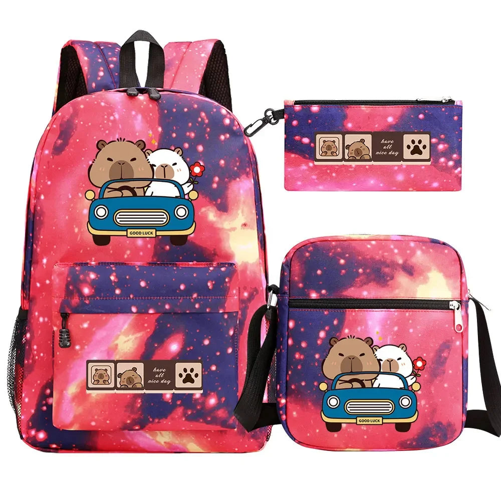 Cute Capybara 3Pcs Boy Girl Kids Back To School Book Bags Travel Student Backpack Shoulder Bag Pen Bags For Men Women