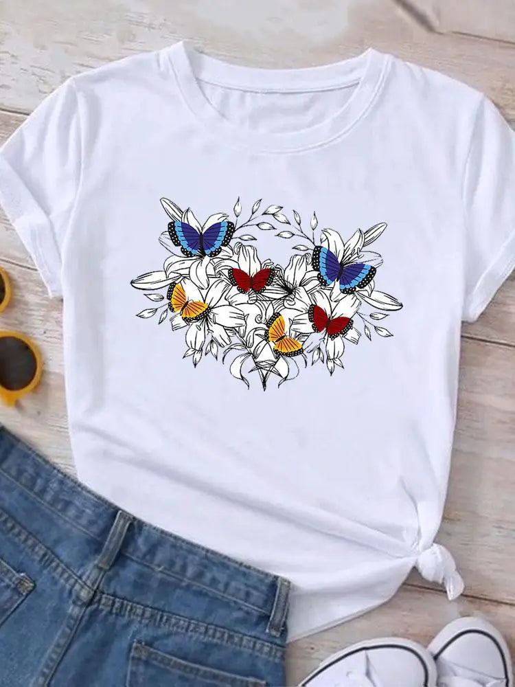 Graphic T Shirt Casual Clothing Summer Short Sleeve Cute Lovely Sweet Flower Women Print Fashion Clothes Tee T-shirt Female Top