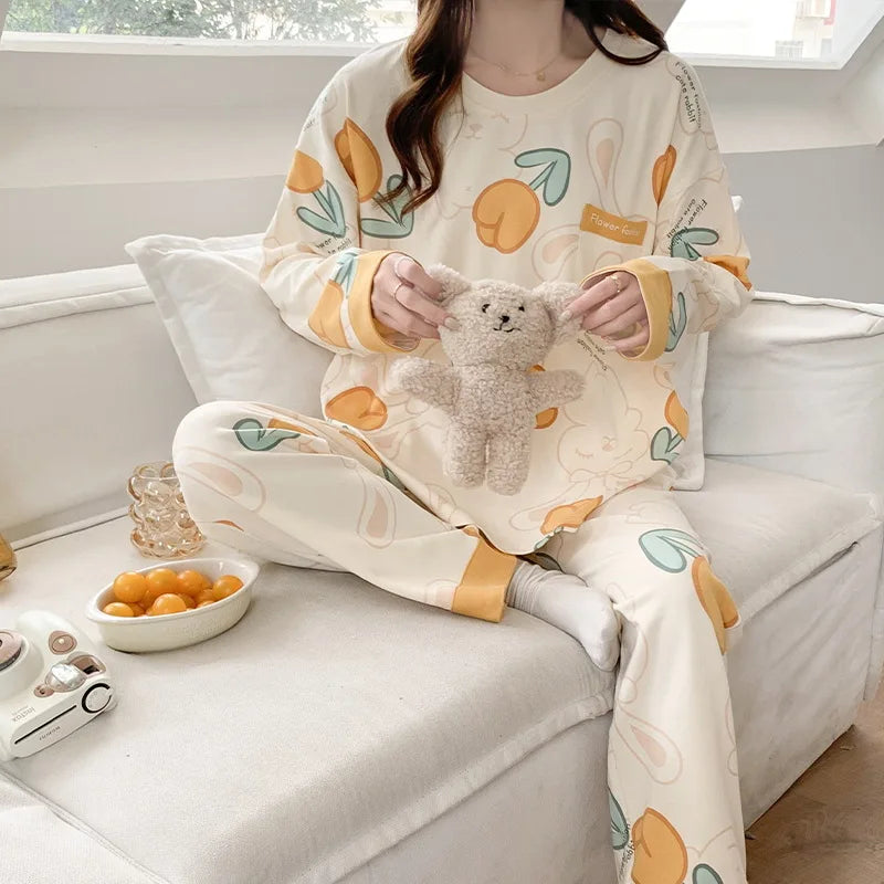 Women's Nightwear Plus Size Cartoon Bear Student Pajamas Homewear Ladies Long Sleeves Plaid Long Trousers Sleepwear Loungewear