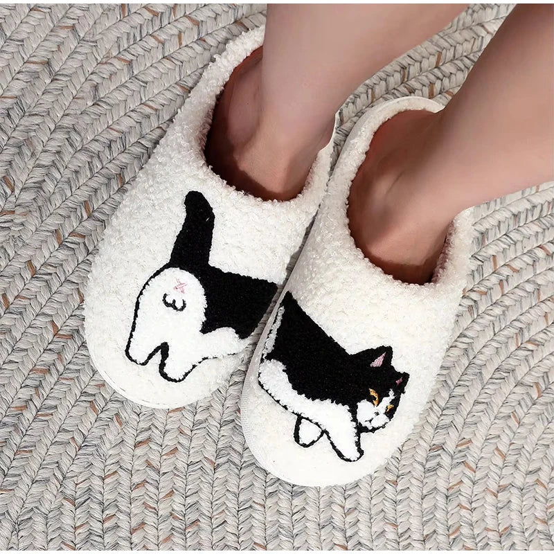 Dachshund Embroidery Print Plush Slippers For Home Warmth Thick Sole Ladies Lamb Wool Slippers Cartoon Cat Couple Cotton Slipper