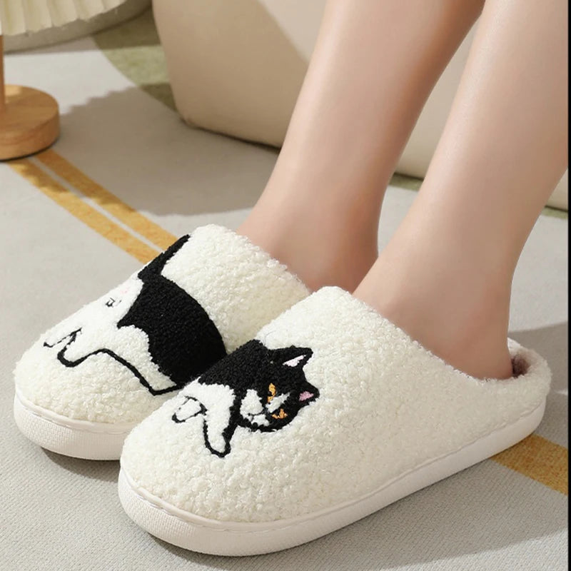 Cute Cartoon Cats Pattern Slippers Women Casual Soft Sole Plush Lined Home Shoes Woman Non-slip Comfort Warm Winter Slippers