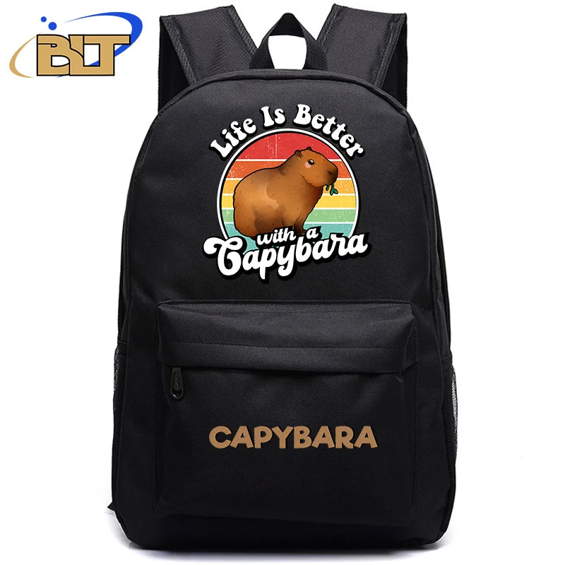 Cute Animal Capybara Print Black Backpack Teenager Student Schoolbag Boys Girls Gift