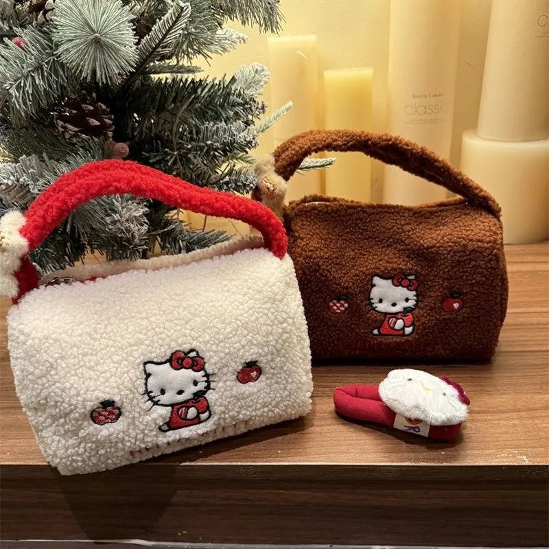 2025 New Cute Hello Kitty Lamb Hair Handbag Girly Heart Large Capacity Embroidered Bucket Bag Portable Cosmetic Bag Storage Bag