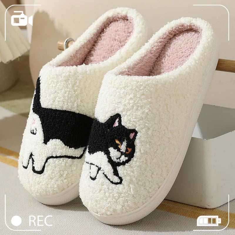 Cute Cartoon Cats Pattern Slippers Women Casual Soft Sole Plush Lined Home Shoes Woman Non-slip Comfort Warm Winter Slippers