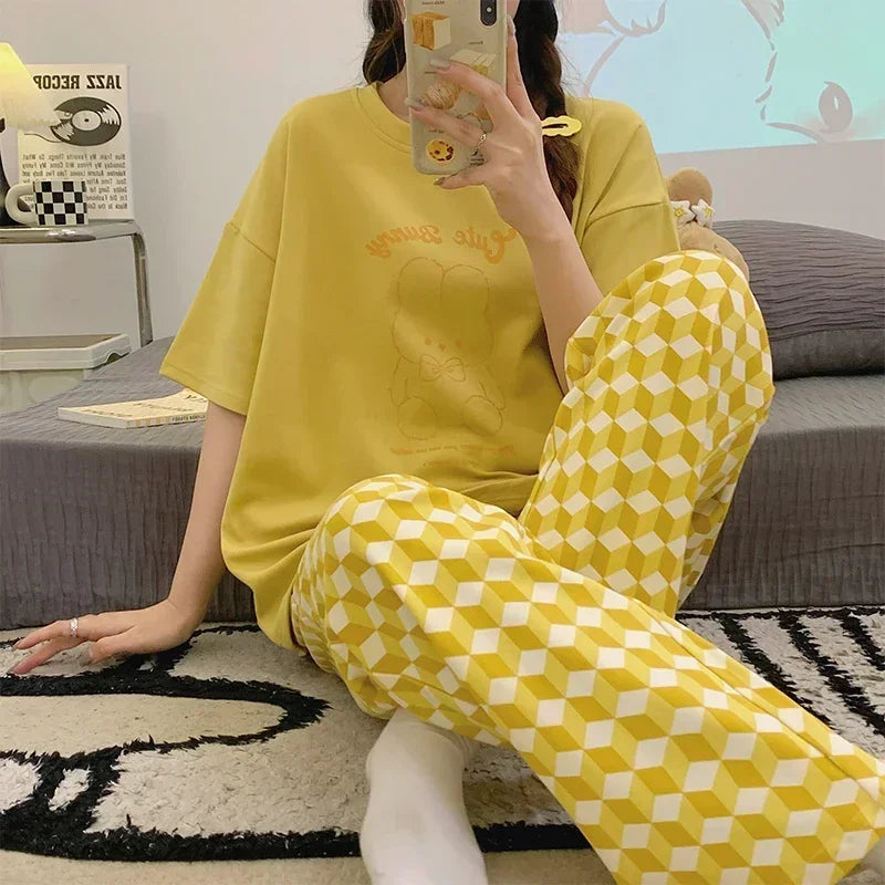 Spring Summer Women Pajamas Soft Cotton Cute Rabbit Print Pijamas Short Sleeved Plaid Pants Sleepwear Fashion Home Wear