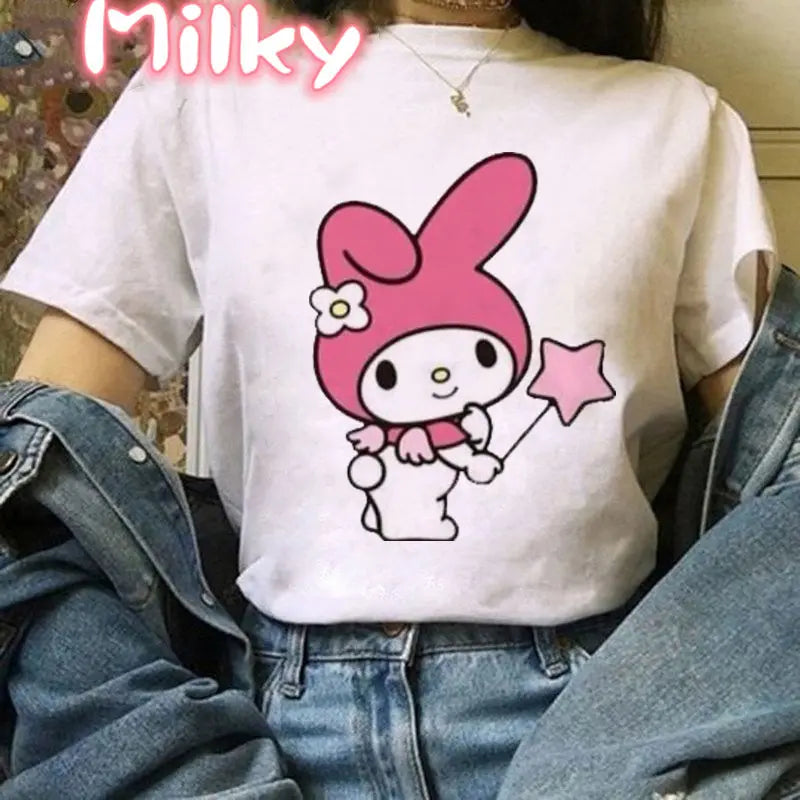 Kawaii My Melody T Shirt Oversized Kuromi Printed Cartoon T-shirts Streetwear Short Sleeve Cute Sweet Girl Tops Women Clothing