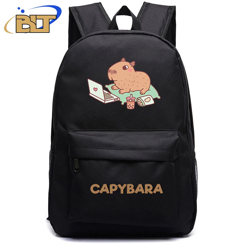 Cute Animal Capybara Print Black Backpack Teenager Student Schoolbag Boys Girls Gift