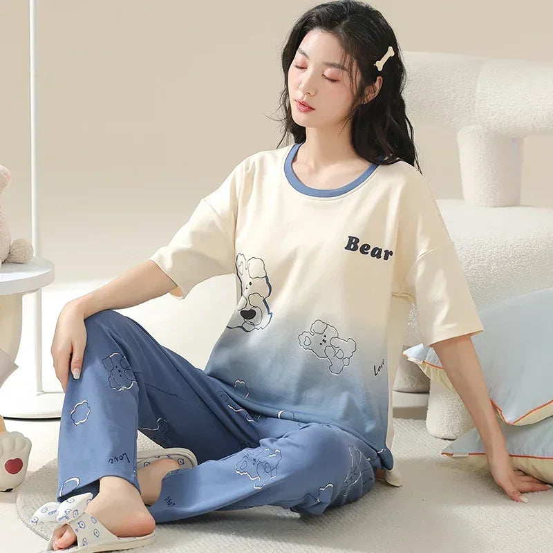 Spring Summer Women Pajamas Soft Cotton Cute Rabbit Print Pijamas Short Sleeved Plaid Pants Sleepwear Fashion Home Wear