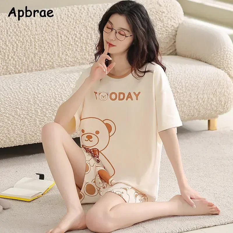 100% Cotton Pajamas for Women Short Sleeved High Quality Pijamas Loose Size Summer Pyjamas Cute Bear Print Women's Nightwear