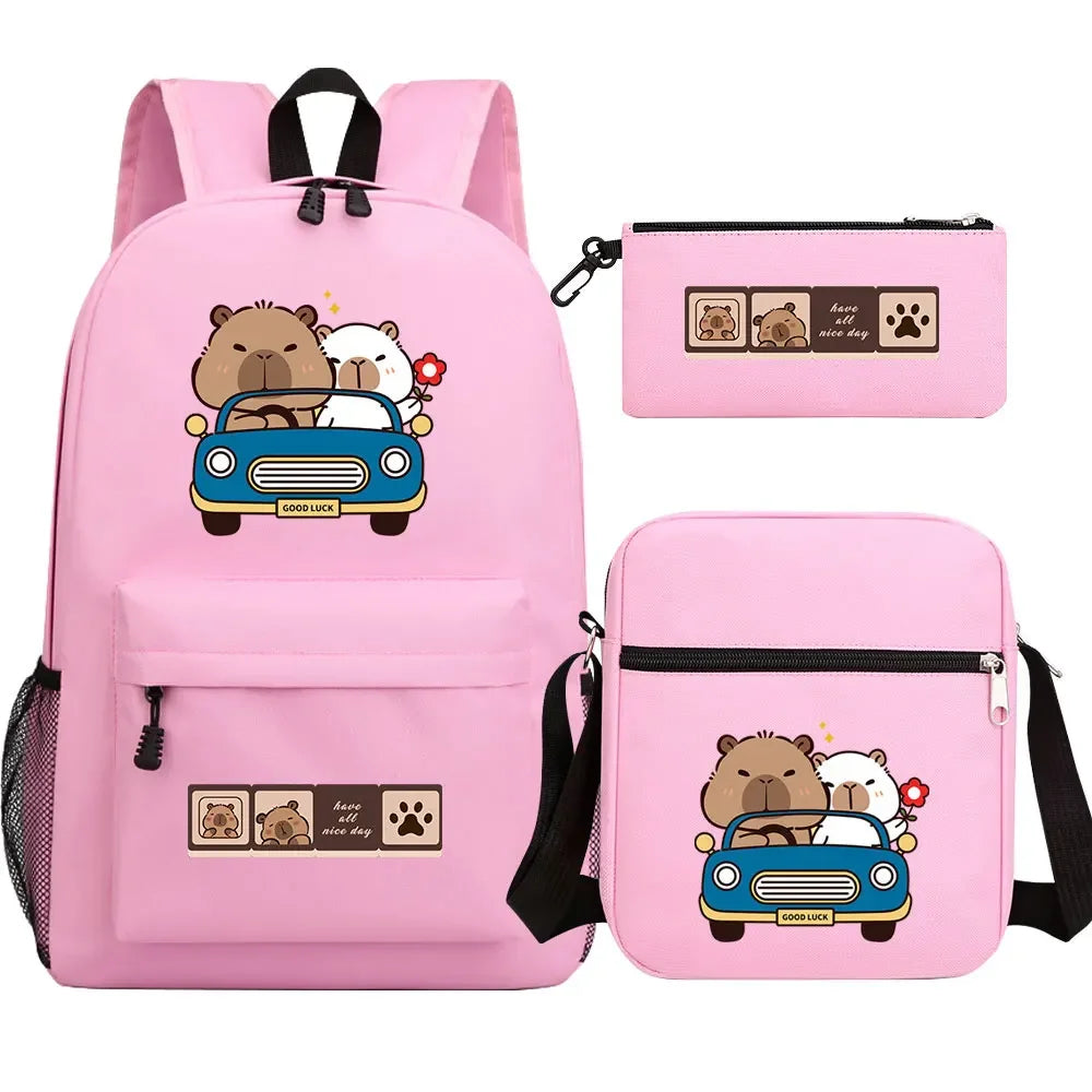 Cute Capybara 3Pcs Boy Girl Kids Back To School Book Bags Travel Student Backpack Shoulder Bag Pen Bags For Men Women