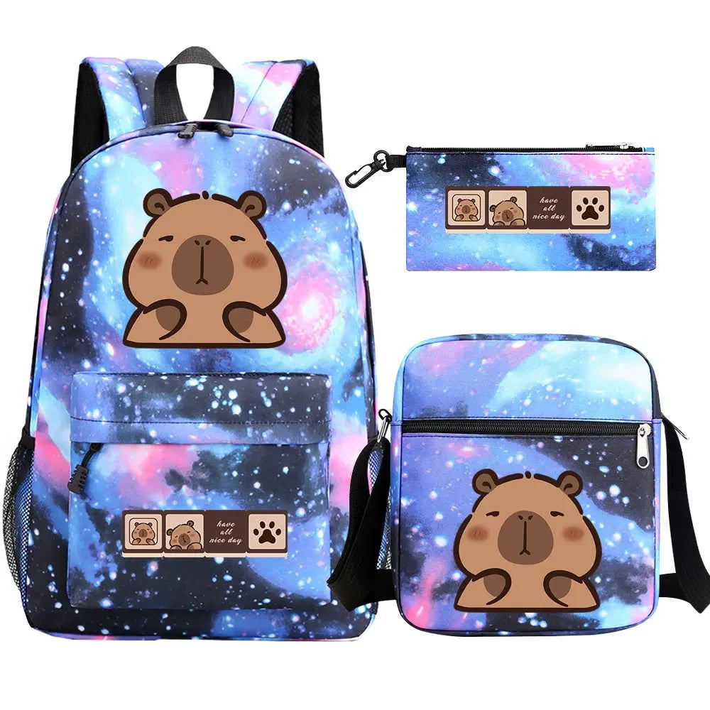 Cute Capybara 3Pcs Boy Girl Kids Back To School Book Bags Travel Student Backpack Shoulder Bag Pen Bags For Men Women