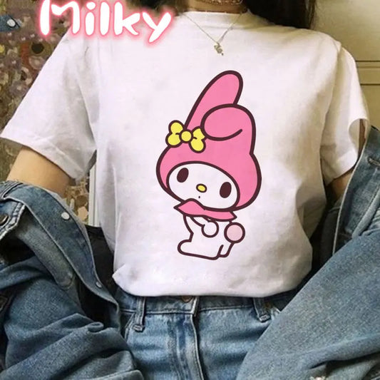 Kawaii My Melody T Shirt Oversized Kuromi Printed Cartoon T-shirts Streetwear Short Sleeve Cute Sweet Girl Tops Women Clothing