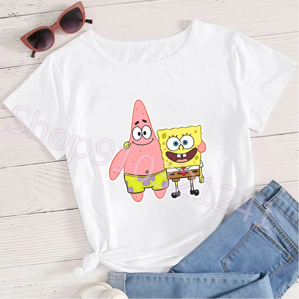 Summer Cartoon Spongebob T Shirt O-Neck Aesthetics TShirt Print Casual Short Sleeve Streetwear Harajuku Women Top Clothes