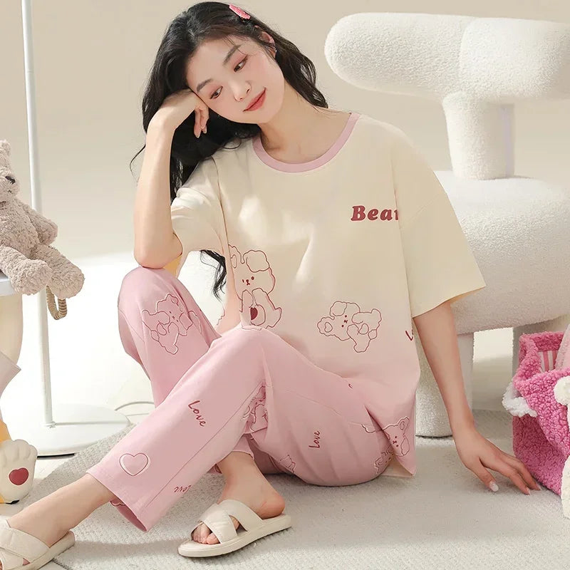 Spring Summer Women Pajamas Soft Cotton Cute Rabbit Print Pijamas Short Sleeved Plaid Pants Sleepwear Fashion Home Wear