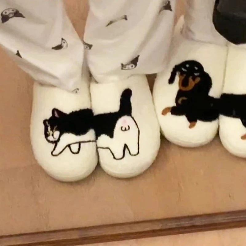 Dachshund Embroidery Print Plush Slippers For Home Warmth Thick Sole Ladies Lamb Wool Slippers Cartoon Cat Couple Cotton Slipper