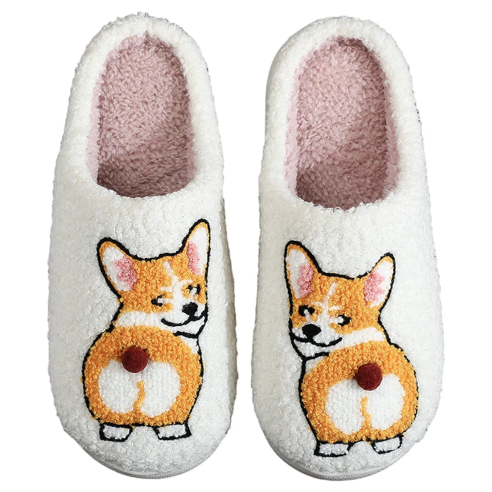 Plush Dog Slippers Closed Toe Slippers Anti Slip Cartoon Animal Slippers Comfortable Thermal Corgi Slippers for Indoor Bedroom