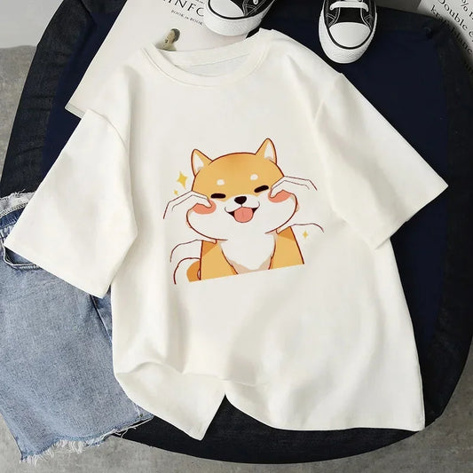 Funny Women T Shirt Kawaii Cute Shiba Inu Dog Print Short Sleeve T-shirt Harajuku 2025 Summer Loose Streetwear Clothes Tops Tees