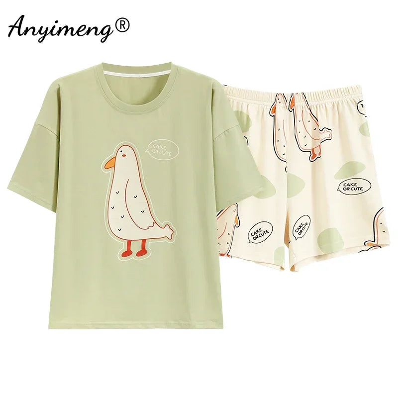 M-4XL 100% Pure Cotton Pajamas for Women Summer Cartoon Print Sleepwear Plus Size Girl Pijamas Short Sleeve Woman Loungewear