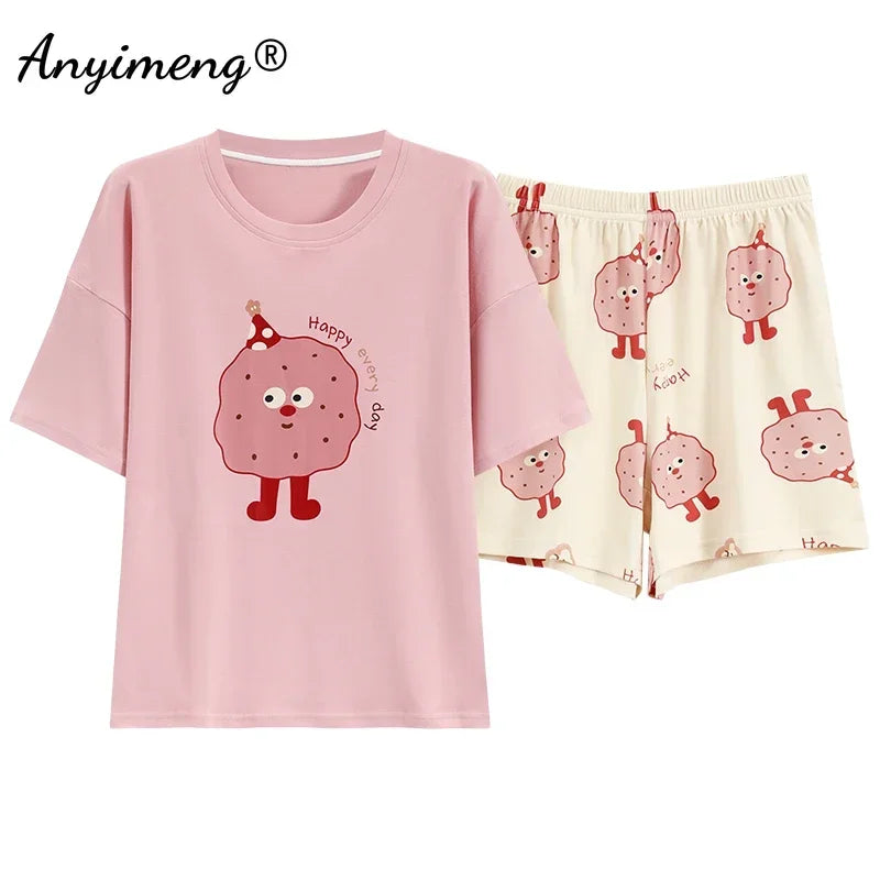 M-4XL 100% Pure Cotton Pajamas for Women Summer Cartoon Print Sleepwear Plus Size Girl Pijamas Short Sleeve Woman Loungewear