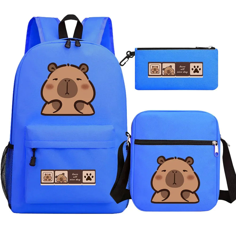 Cute Capybara 3Pcs Boy Girl Kids Back To School Book Bags Travel Student Backpack Shoulder Bag Pen Bags For Men Women