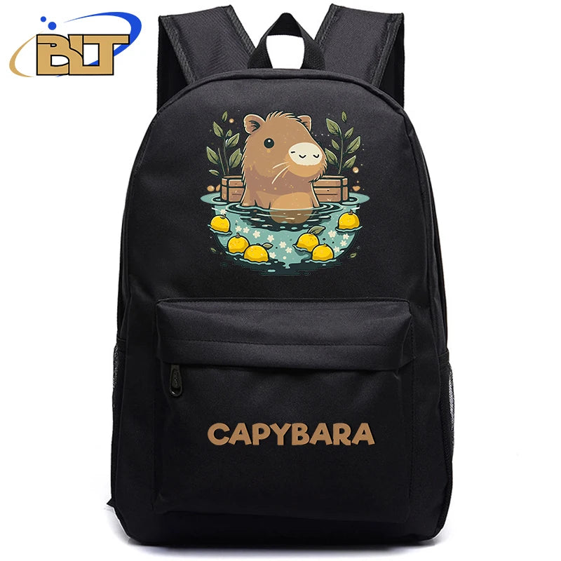 Cute Animal Capybara Print Black Backpack Teenager Student Schoolbag Boys Girls Gift