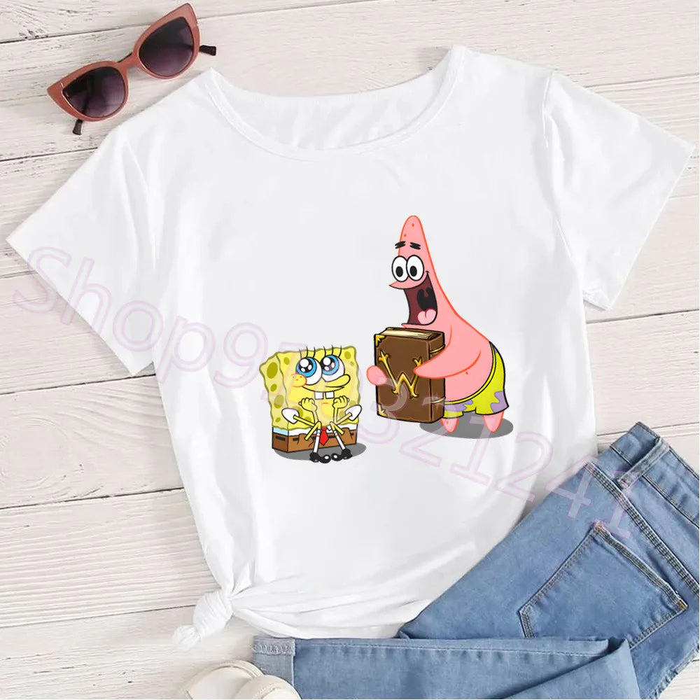 Summer Cartoon Spongebob T Shirt O-Neck Aesthetics TShirt Print Casual Short Sleeve Streetwear Harajuku Women Top Clothes