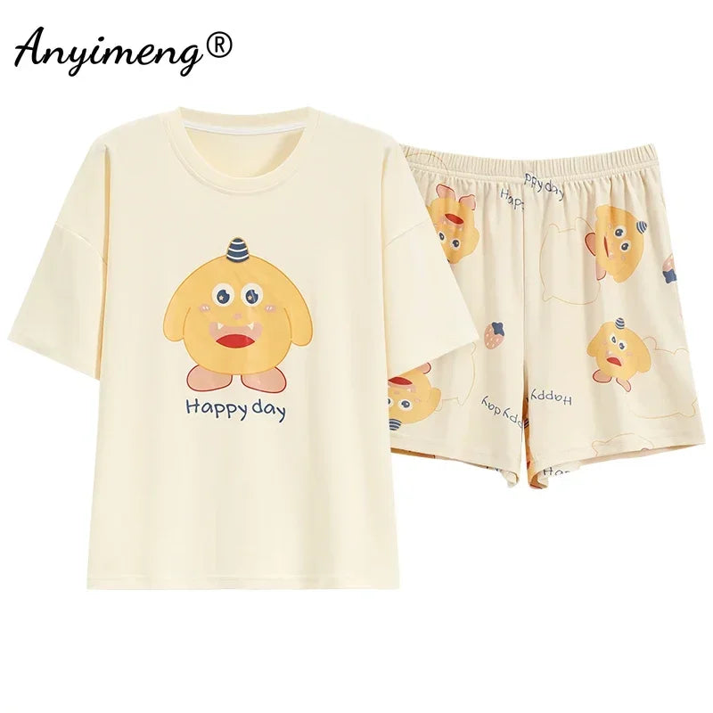 M-4XL 100% Pure Cotton Pajamas for Women Summer Cartoon Print Sleepwear Plus Size Girl Pijamas Short Sleeve Woman Loungewear