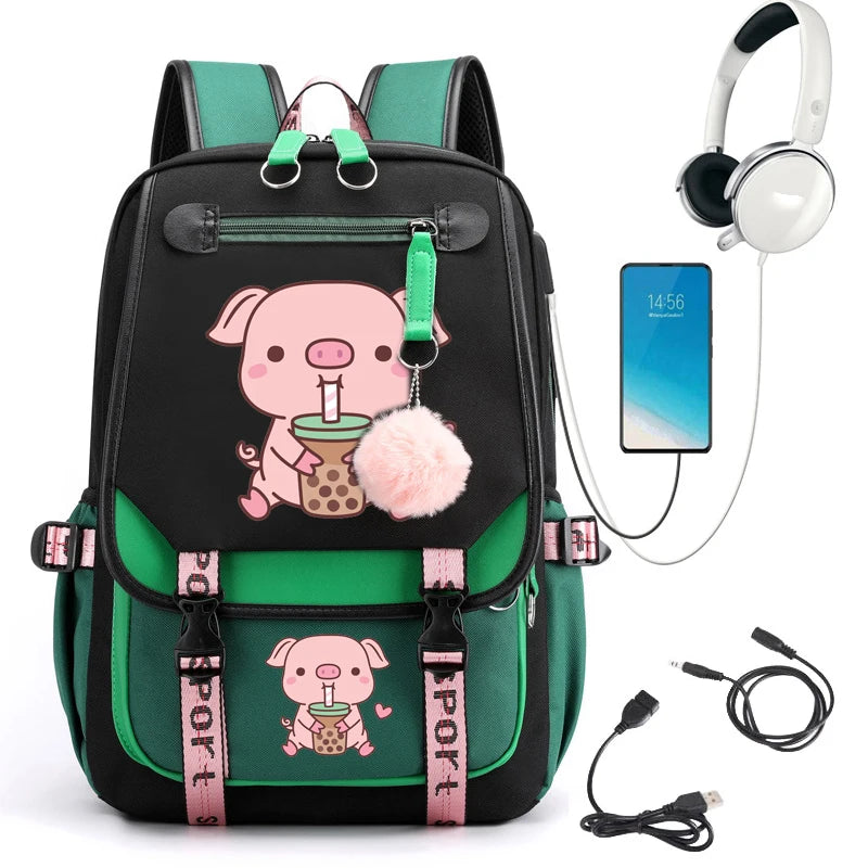 Women Fashion Backpack Female Waterproof Back Bag Pig Boba Tea Cartoon School Backpack for Girl Student Schoolbag Usb Charging