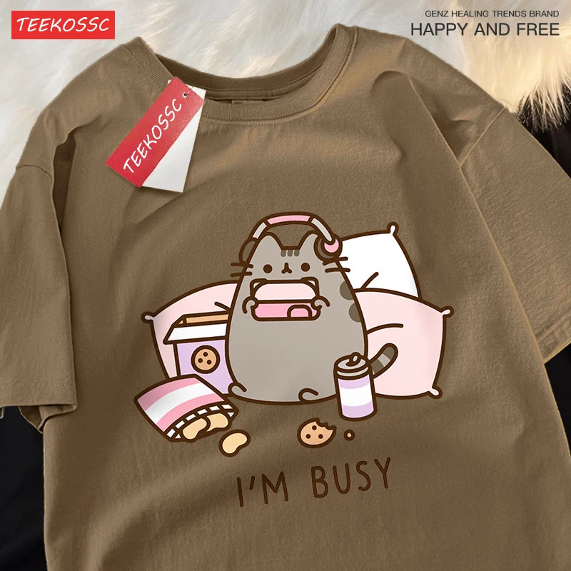 Sorry I'M Busy Cat Playing Games With Headphones Man T Shirt High Quality Brand Clothing Loose T Shirts Cotton Shirt Tops Couple