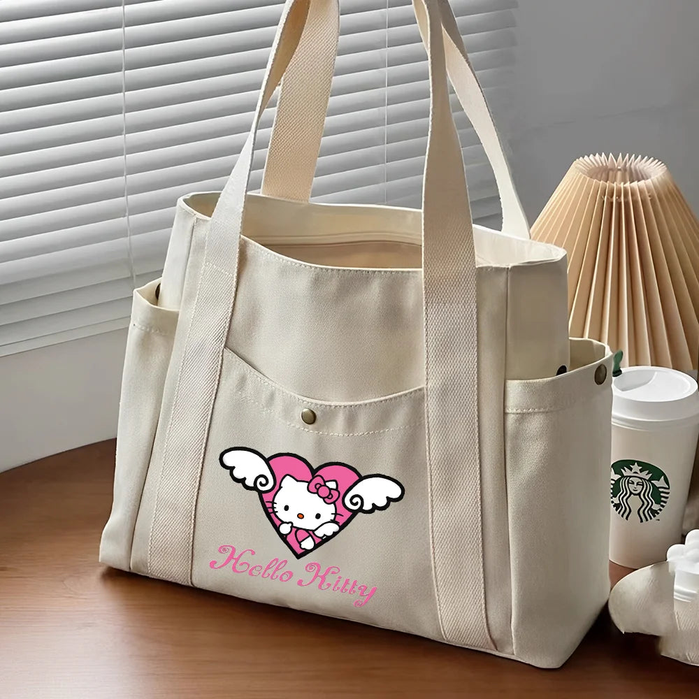 Hello Kitty Large Capacity Canvas Tote Bags Work Commuting Carrying Bag College Style Student Outfit Book Shoulder Shopping Bag