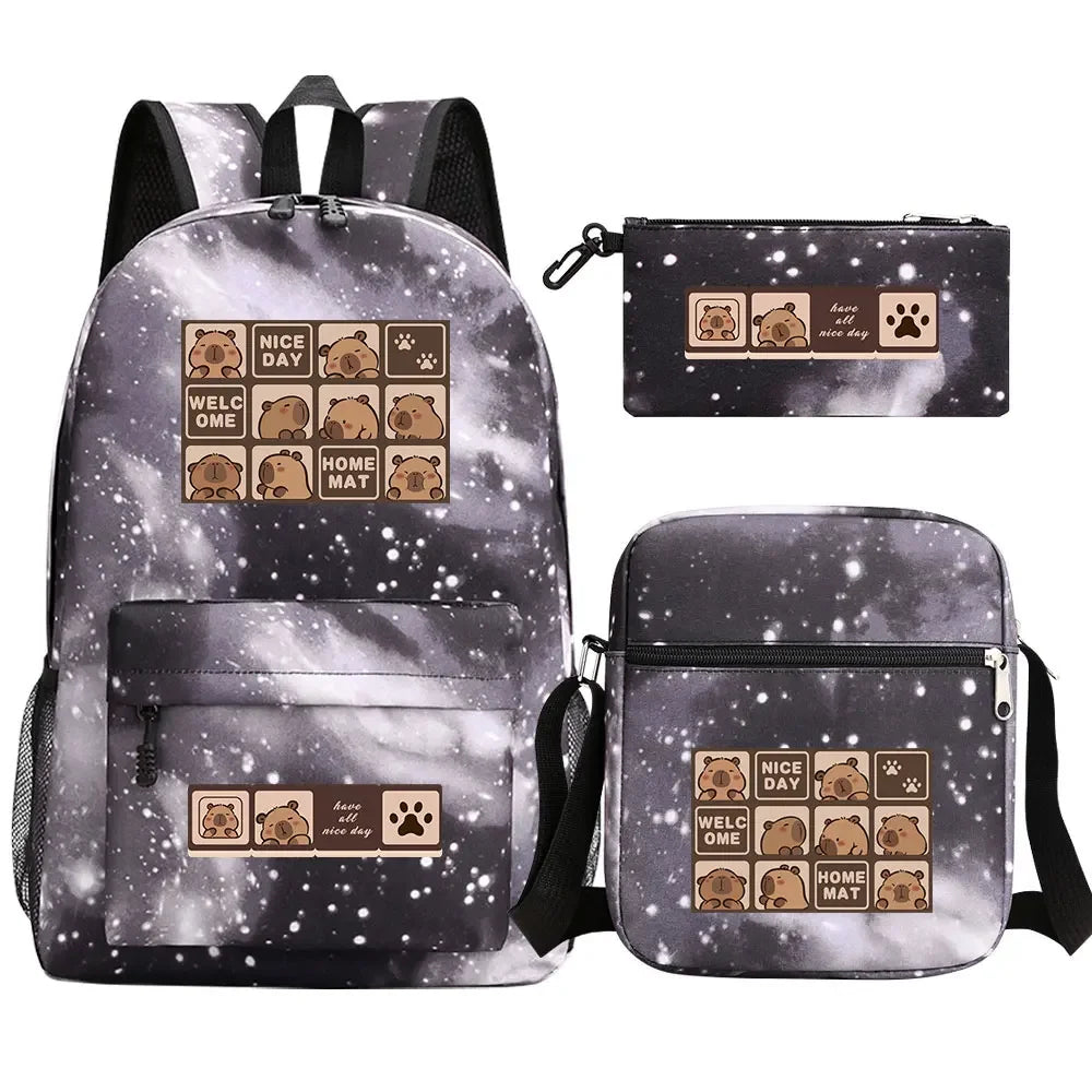 Cute Capybara 3Pcs Boy Girl Kids Back To School Book Bags Travel Student Backpack Shoulder Bag Pen Bags For Men Women