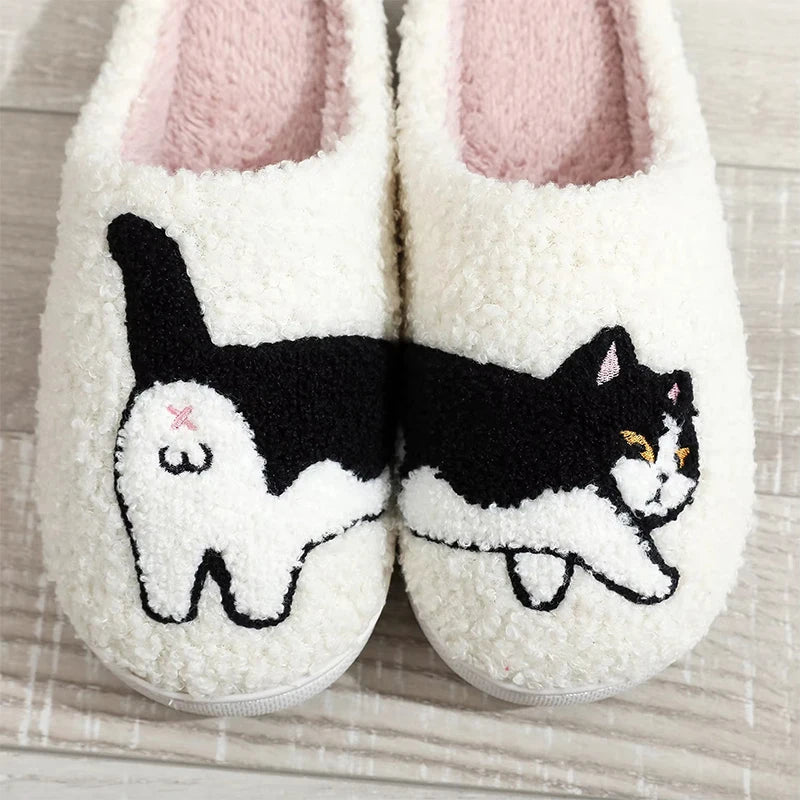 Dachshund Embroidery Print Plush Slippers For Home Warmth Thick Sole Ladies Lamb Wool Slippers Cartoon Cat Couple Cotton Slipper