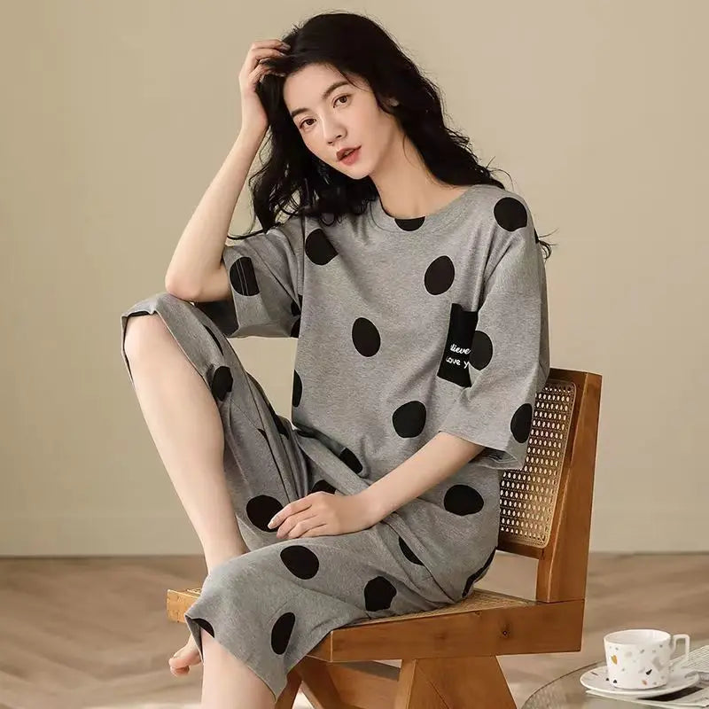 Women Pajamas Sets Plus Size Summer Silk Sleepwear Ladies Thin Short-Sleeved Seven Pants O-Neck Casual Cat Home Wear Night Wear