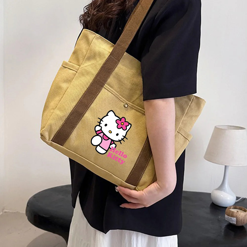 Hello Kitty Large Capacity Canvas Tote Bags Work Commuting Carrying Bag College Style Student Outfit Book Shoulder Shopping Bag