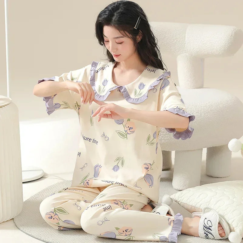 Spring Summer Women Pajamas Soft Cotton Cute Rabbit Print Pijamas Short Sleeved Plaid Pants Sleepwear Fashion Home Wear