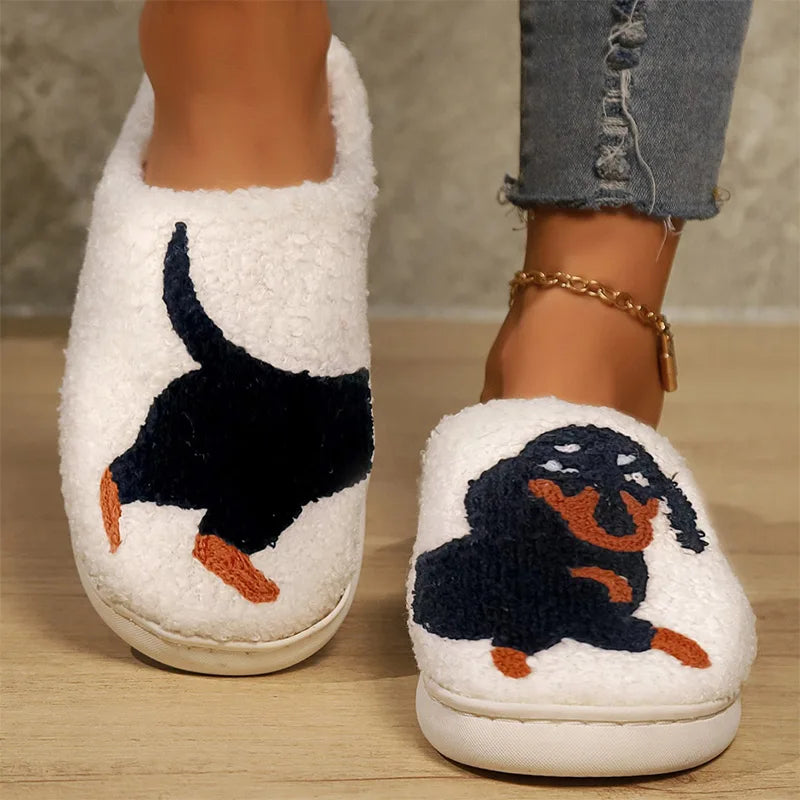 Dachshund Embroidery Print Plush Slippers For Home Warmth Thick Sole Ladies Lamb Wool Slippers Cartoon Cat Couple Cotton Slipper