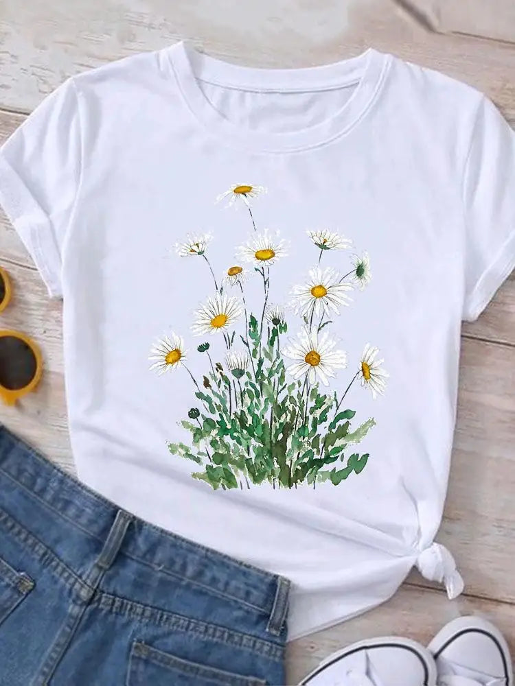 Graphic T Shirt Casual Clothing Summer Short Sleeve Cute Lovely Sweet Flower Women Print Fashion Clothes Tee T-shirt Female Top