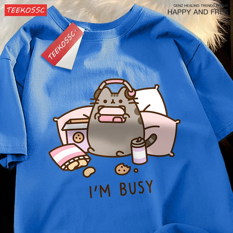 Sorry I'M Busy Cat Playing Games With Headphones Man T Shirt High Quality Brand Clothing Loose T Shirts Cotton Shirt Tops Couple