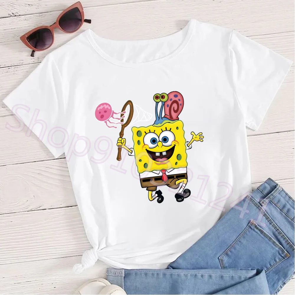 Summer Cartoon Spongebob T Shirt O-Neck Aesthetics TShirt Print Casual Short Sleeve Streetwear Harajuku Women Top Clothes