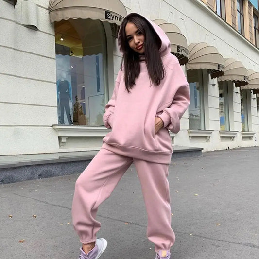 Trendy Lady Hoodie Pants Set Sporty Winter Hoodie Pants Set Elastic Waist Deep Crotch Women Autumn Tracksuit Thermal