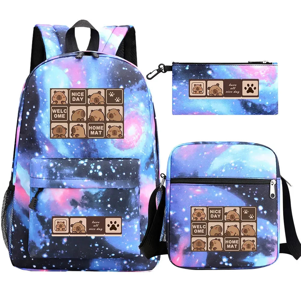 Cute Capybara 3Pcs Boy Girl Kids Back To School Book Bags Travel Student Backpack Shoulder Bag Pen Bags For Men Women