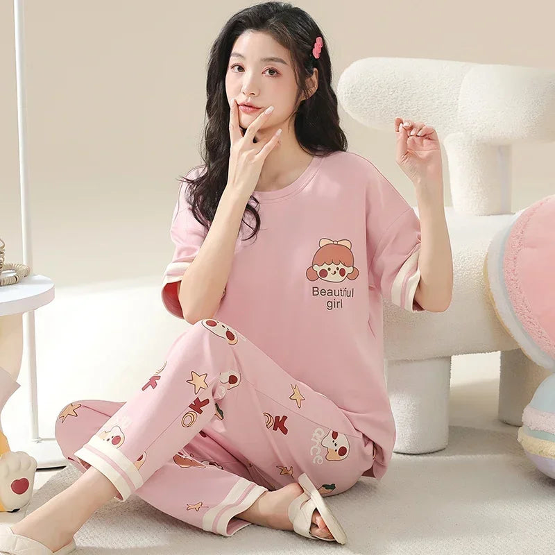 Spring Summer Women Pajamas Soft Cotton Cute Rabbit Print Pijamas Short Sleeved Plaid Pants Sleepwear Fashion Home Wear