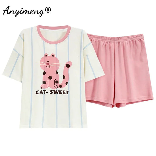 M-4XL 100% Pure Cotton Pajamas for Women Summer Cartoon Print Sleepwear Plus Size Girl Pijamas Short Sleeve Woman Loungewear