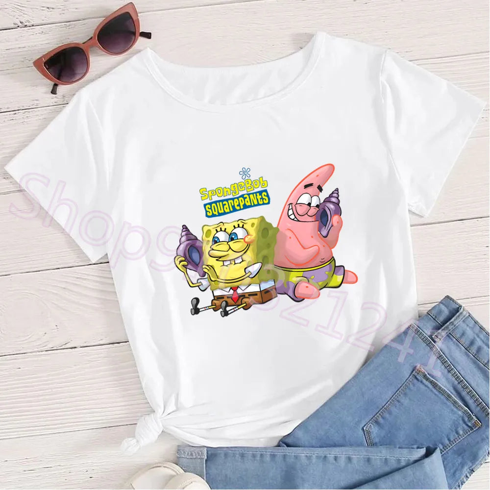 Summer Cartoon Spongebob T Shirt O-Neck Aesthetics TShirt Print Casual Short Sleeve Streetwear Harajuku Women Top Clothes