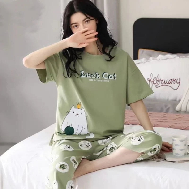 Summer New Ladies Pajamas Homewear Set of Short-Sleeved Pajamas Women's Summer Simple Korean Cartoon Loose Large Size Homewear