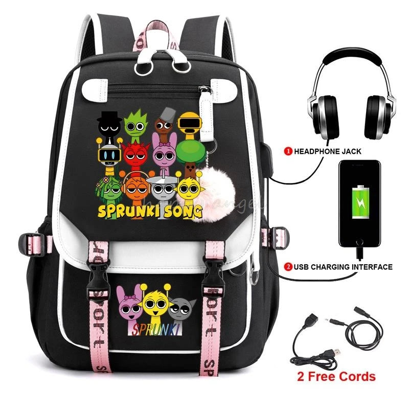 Hot Fashion New Sprunki USB Charging Bookbag Women Back Pack Laptop School Bags for Teenage Girls Boys Schoolbag Best Gift