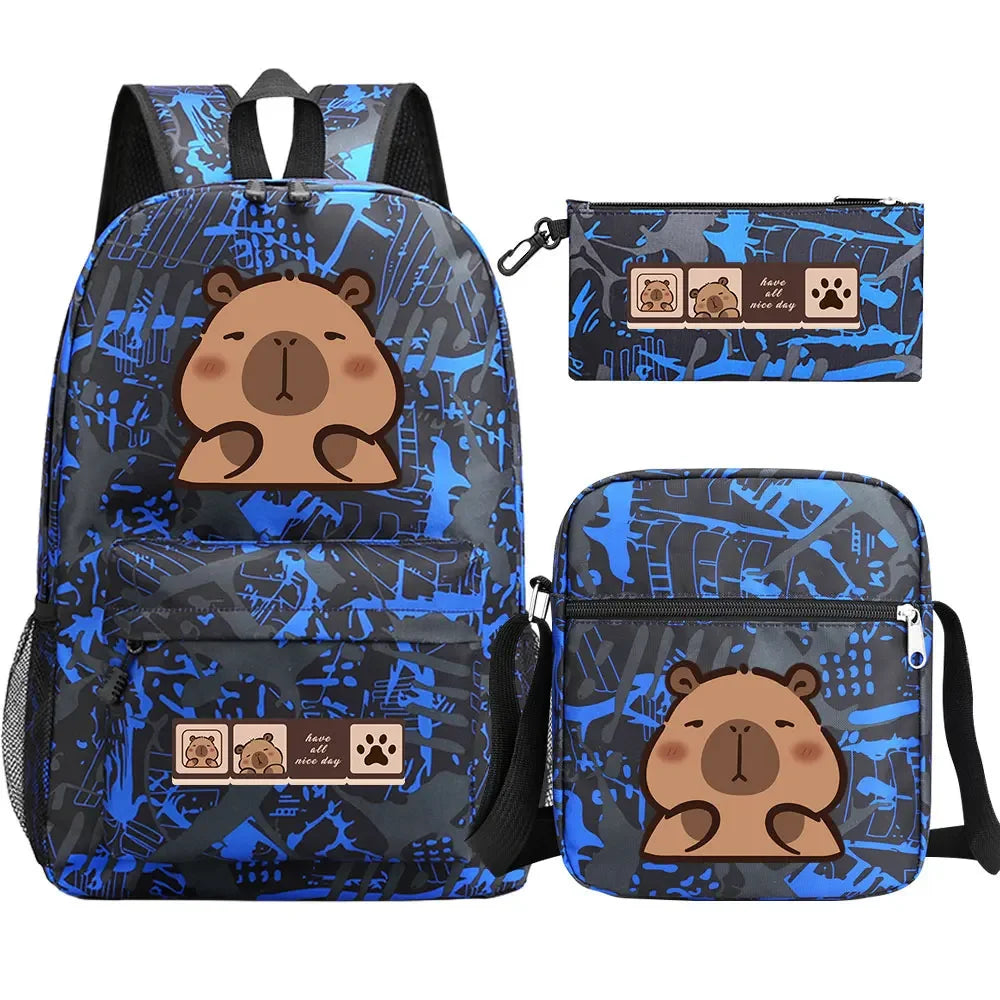 Cute Capybara 3Pcs Boy Girl Kids Back To School Book Bags Travel Student Backpack Shoulder Bag Pen Bags For Men Women