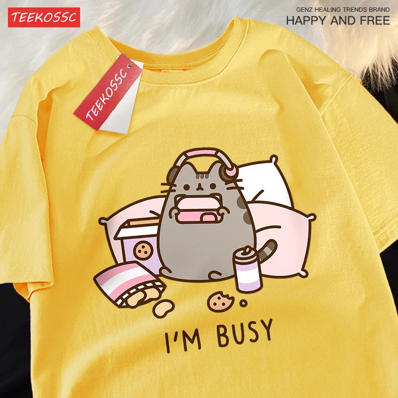 Sorry I'M Busy Cat Playing Games With Headphones Man T Shirt High Quality Brand Clothing Loose T Shirts Cotton Shirt Tops Couple