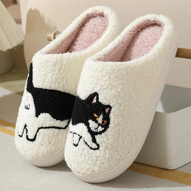 Cute Cartoon Cats Pattern Slippers Women Casual Soft Sole Plush Lined Home Shoes Woman Non-slip Comfort Warm Winter Slippers